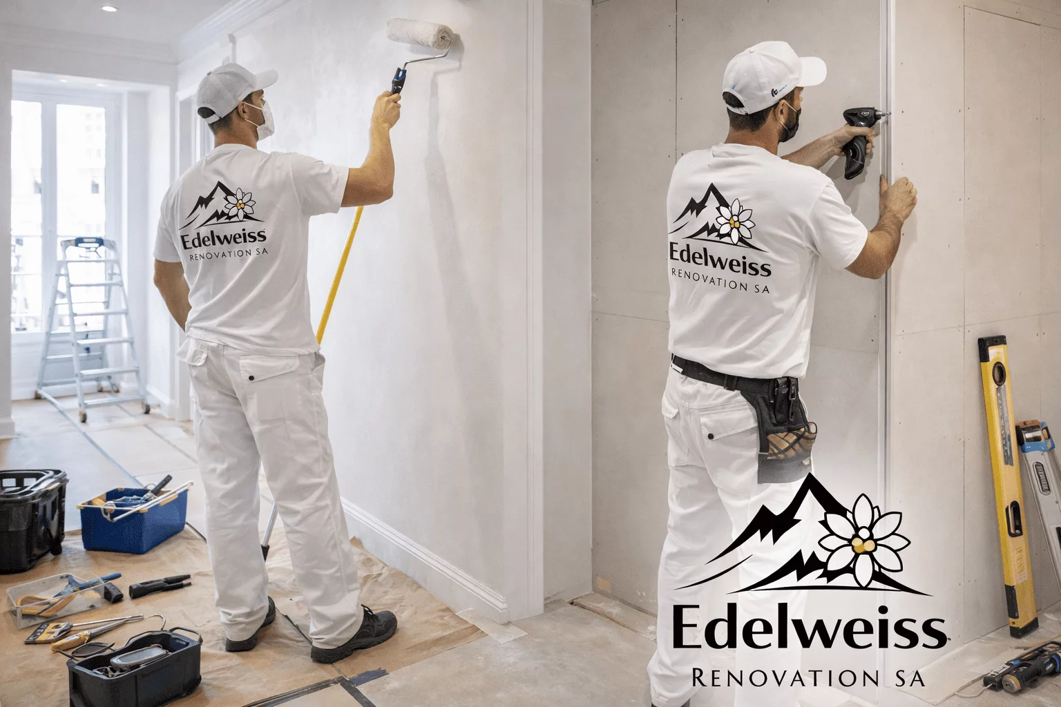 Plâtrerie et cloisons Genève — Edelweiss Rénovation Plâtriers professionnels posant des cloisons en plaques de plâtre à Genève — Edelweiss Rénovation SA